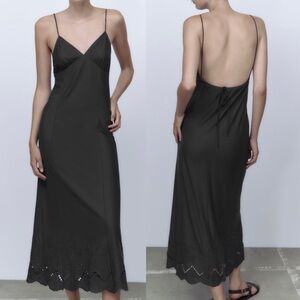 Zara New Women Sexy Bohemian Dark Anthracite Embroidered Slip Dress